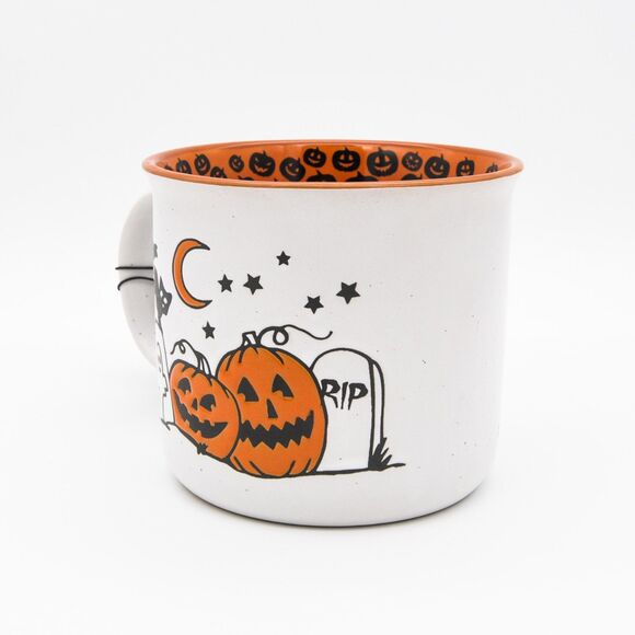 Halloween Pumpkin Mug, 23oz White Ceramic Mug w/ Black Cat Graveyard Design, New - Picture 9 of 10